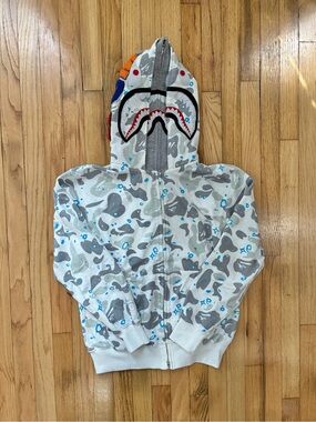 Bape White & Gray Camo Shark Hooded Zip-Up Sweatshirt
